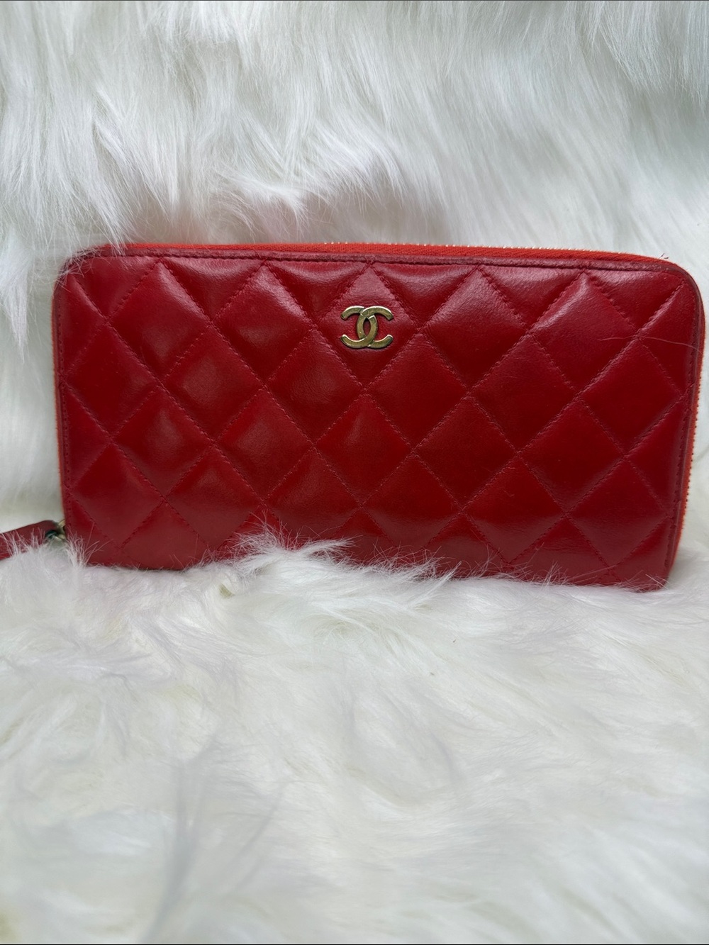 CHANEL Red Quilted Lambskin Zip Around Long Wallet